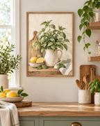 Watercolour basil plant in a speckled ceramic jug with lemons, wooden chopping board and striped kitchen cloth styled in a kitchen