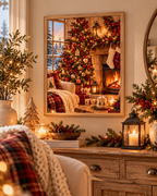 Cosy Christmas living room with a decorated tree, glowing fireplace, stockings and snowy cottage view styled in a living room
