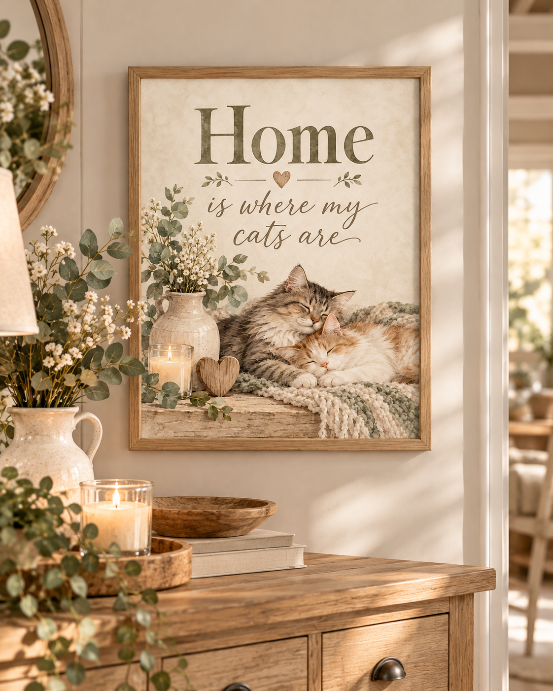 Home is where my cats are artwork with two sleeping cats, white flowers, sage foliage, candle, wooden heart and knitted blanket styled in a sideboard
