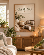 Gaming room artwork with Play Pause Recharge quote, controller, headphones, coffee and foliage in a styled home display