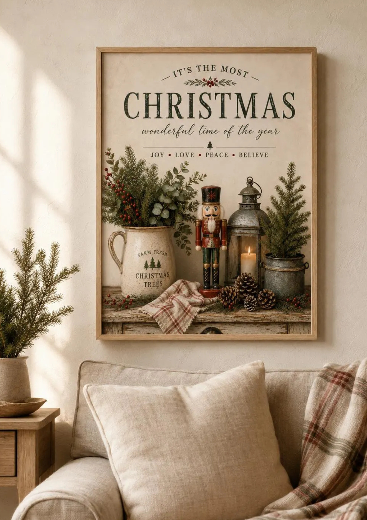 Rustic Christmas nutcracker, evergreen foliage, red berries and candlelit lantern beneath vintage Christmas typography styled in a living room