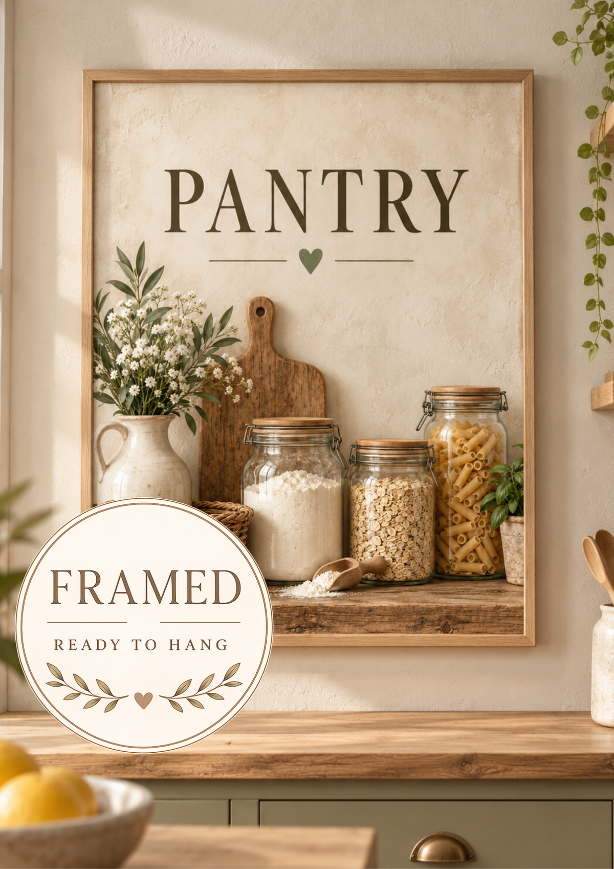 Rustic pantry artwork with glass storage jars, wooden chopping board, ceramic jug, white flowers and PANTRY lettering; framed and ready to hang badge