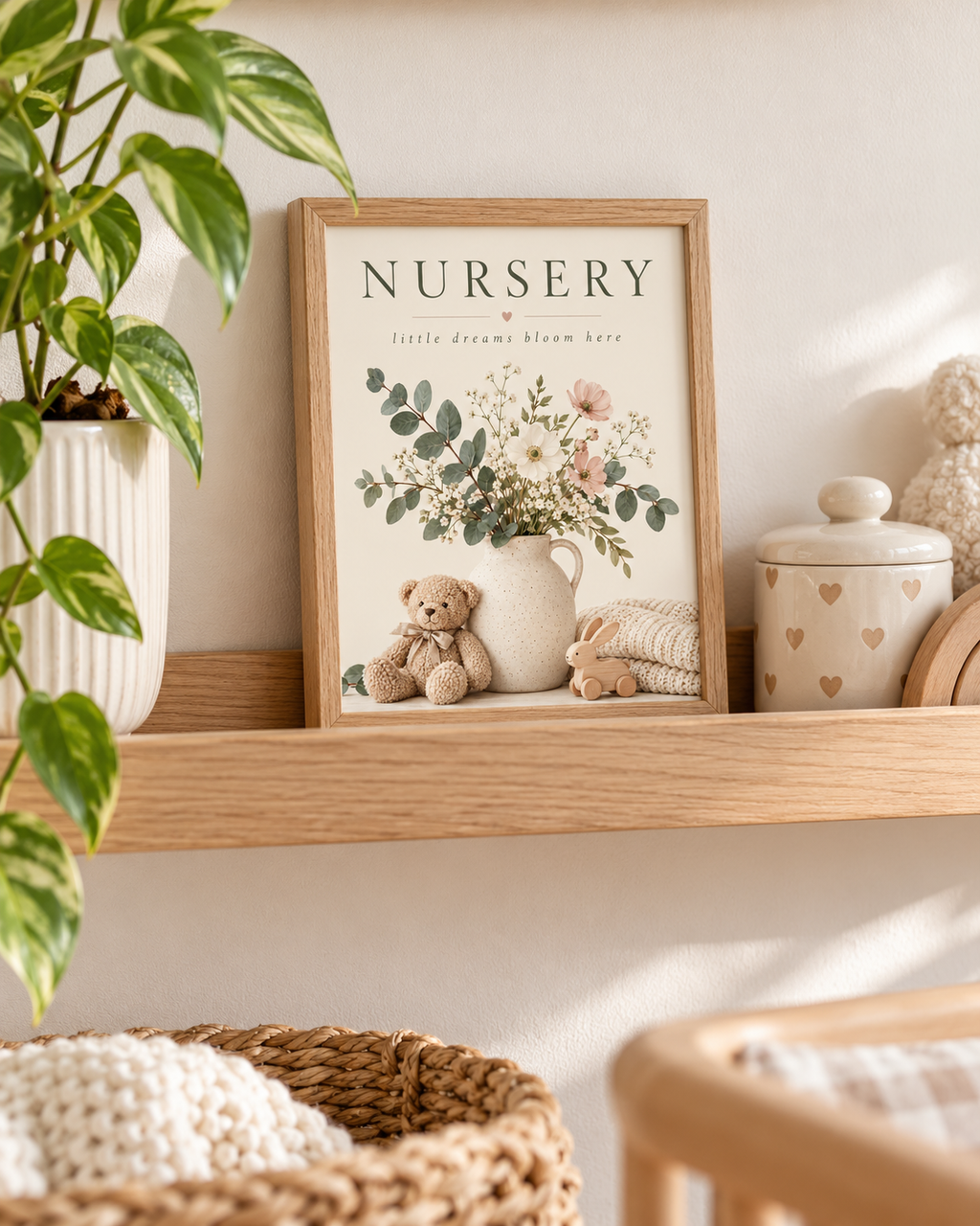 NURSERY little dreams bloom here artwork with cream and blush flowers, sage foliage, ceramic jug, teddy bear, wooden bunny and knitted blanket styled in a shelf display
