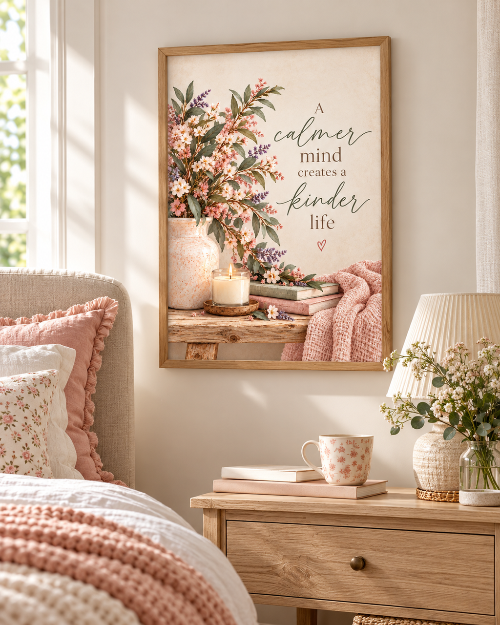 A calmer mind creates a kinder life quote with pink and ivory flowers, sage foliage, ceramic vase, candle, books and blush knitted throw styled in a bedroom
