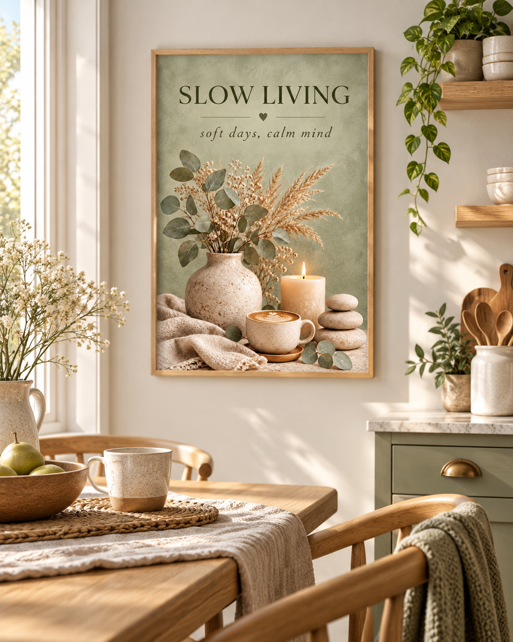 Slow Living artwork with sage green foliage, dried grasses, a coffee cup, candle, ceramic vase and pebbles styled in a dining corner