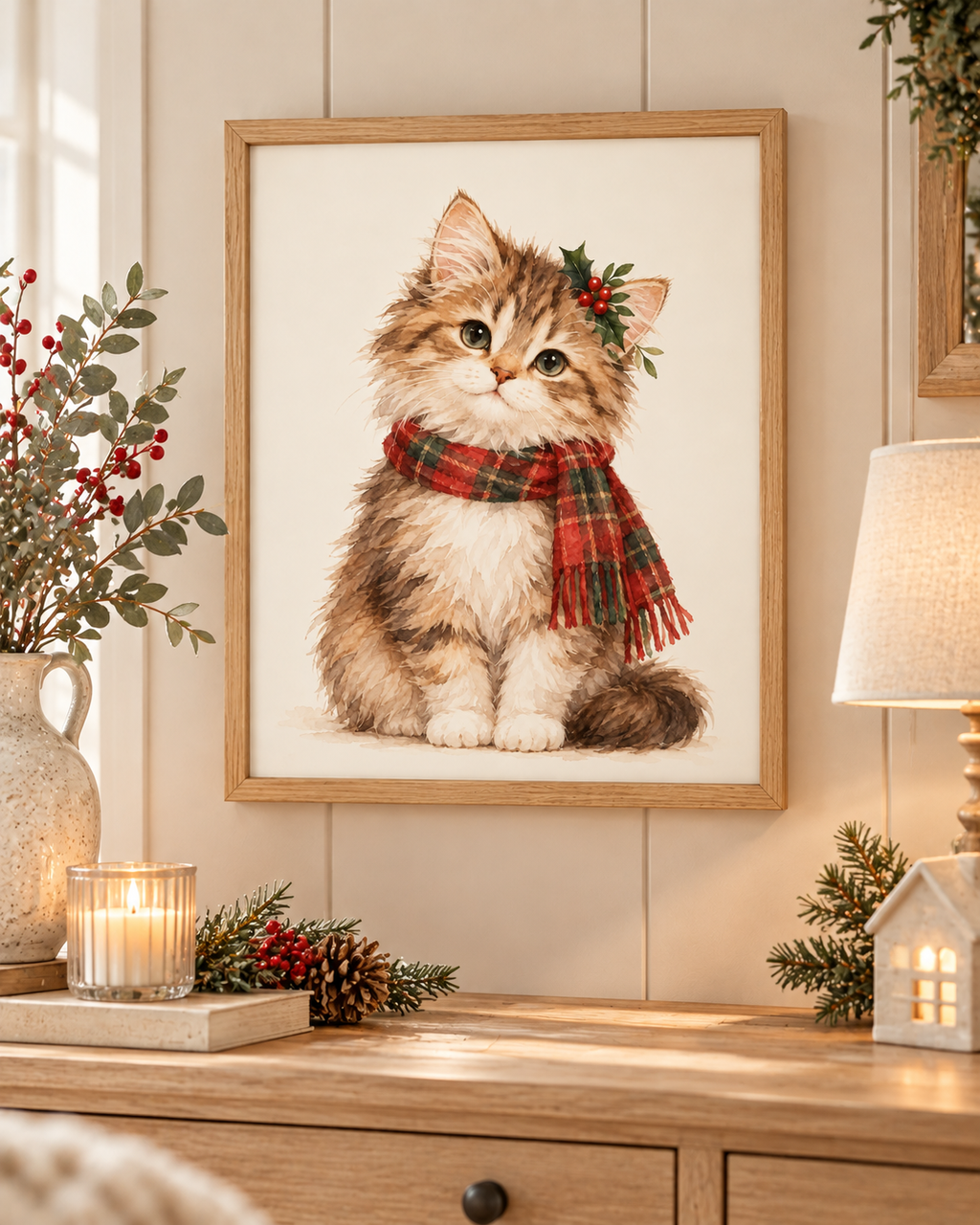 Fluffy Christmas tabby kitten wearing a tartan scarf and holly styled in a living room