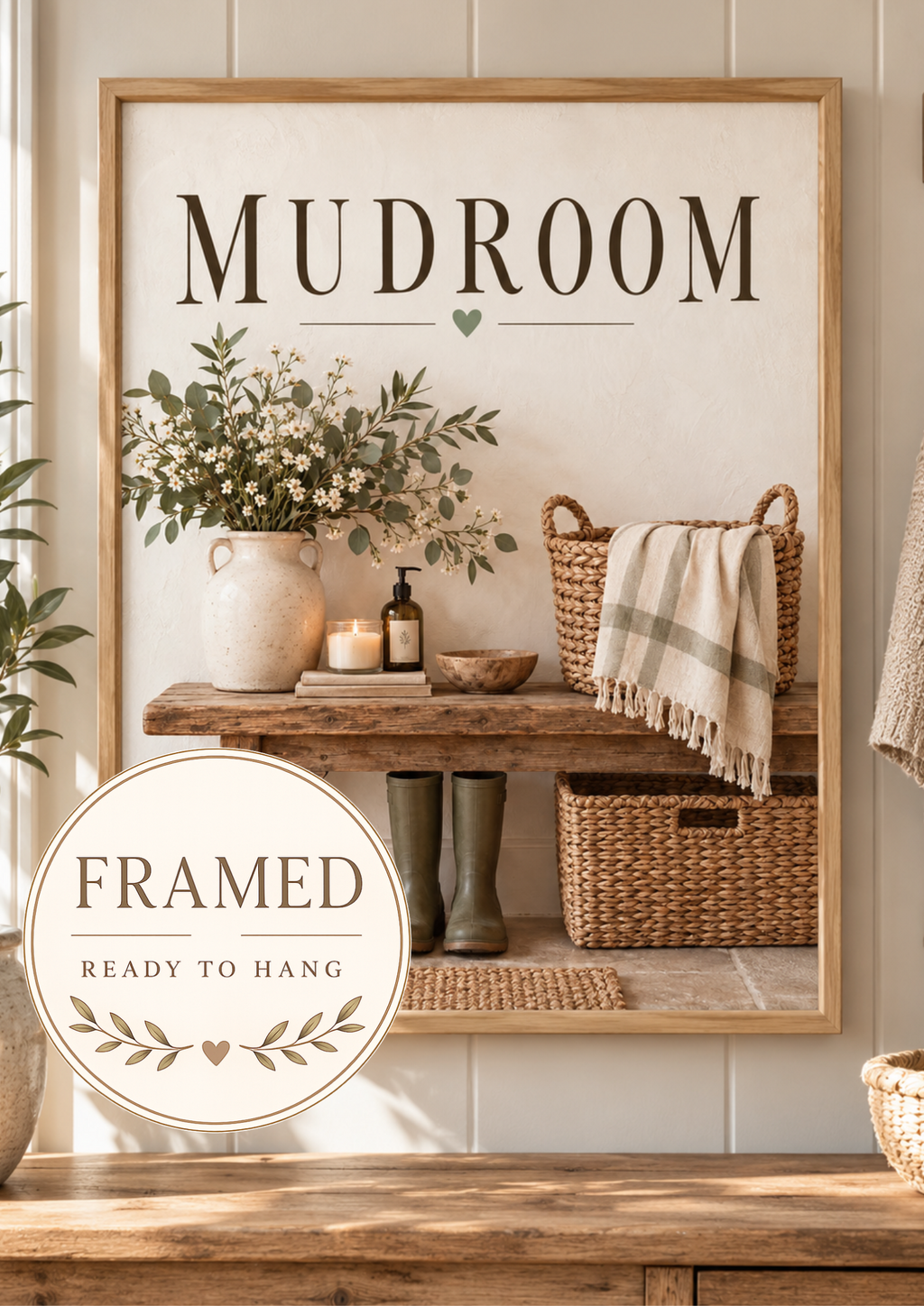 Mudroom artwork with green wellies, country flowers, baskets and rustic bench; framed and ready to hang badge