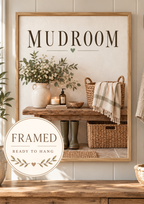 Mudroom artwork with green wellies, country flowers, baskets and rustic bench; framed and ready to hang badge
