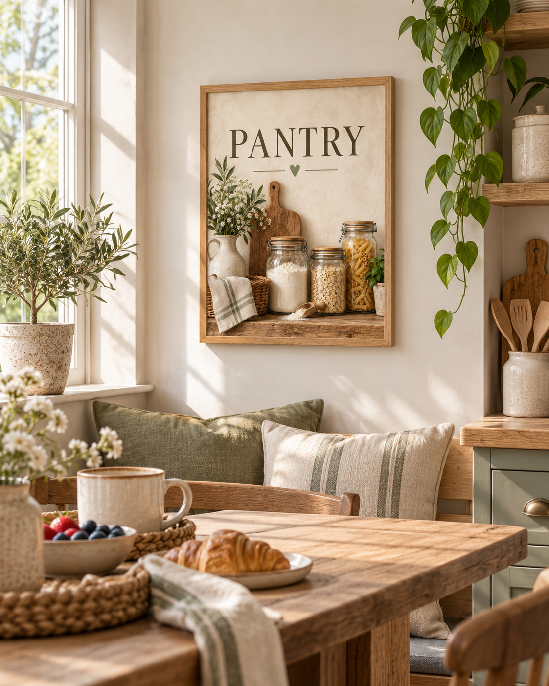 Rustic pantry artwork with glass storage jars, wooden chopping board, ceramic jug, white flowers and PANTRY lettering styled in a breakfast nook