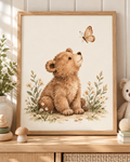 Watercolour teddy bear with paws resting down, looking up at a butterfly among daisies and soft foliage; print only, frame not included