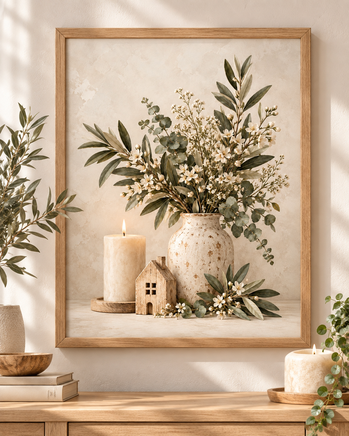 Neutral botanical artwork with white flowers, foliage, a cream vase, candle and wooden house; print only, frame not included