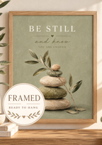 Be Still and Know You Are Enough quote with sage-green balancing stones and delicate olive branches; framed and ready to hang badge