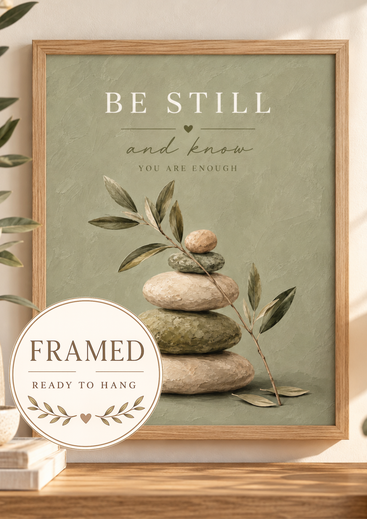 Be Still and Know You Are Enough quote with sage-green balancing stones and delicate olive branches; framed and ready to hang badge