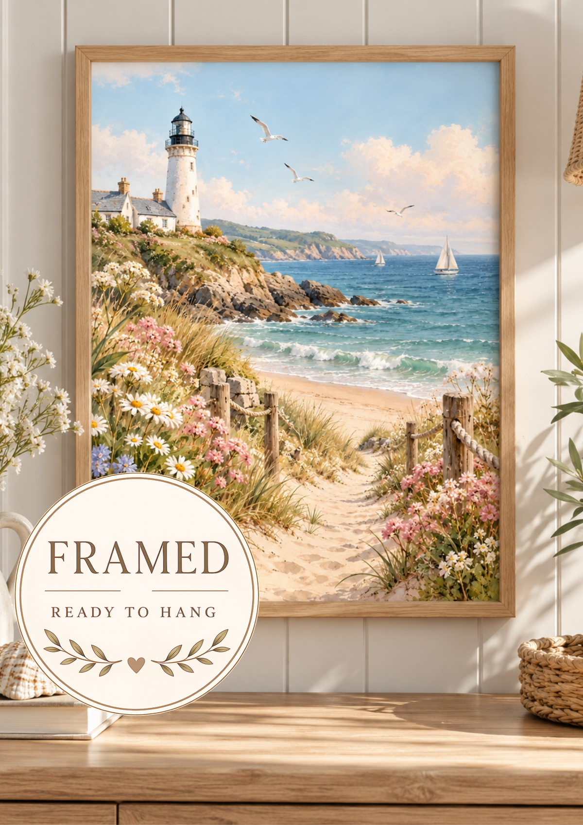 White coastal lighthouse above a sandy beach path with turquoise waves, sailboats, white daisies and pink wildflowers; framed and ready to hang badge