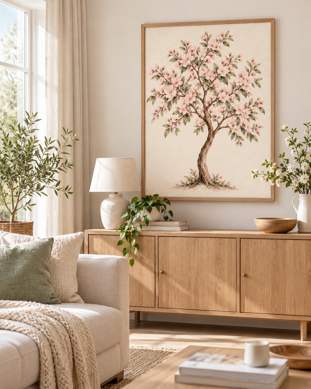 Watercolour flowering tree with blush pink blossoms, muted green leaves and a curved brown trunk on warm ivory styled in a living room