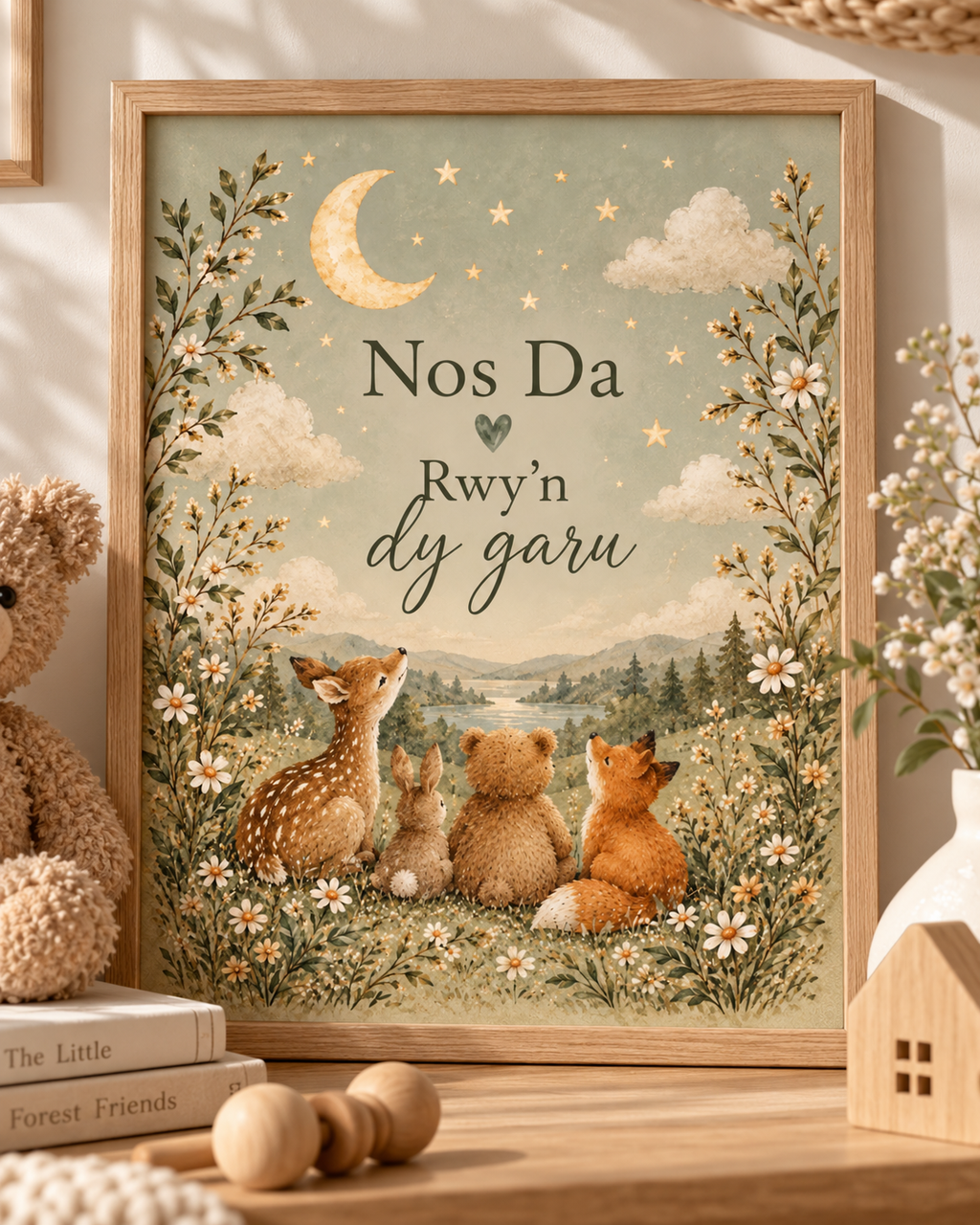 Nos Da Rwyn dy garu Welsh goodnight quote with deer, rabbit, bear and fox beneath a crescent moon and stars; print only, frame not included