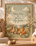 Nos Da Rwyn dy garu Welsh goodnight quote with deer, rabbit, bear and fox beneath a crescent moon and stars; print only, frame not included