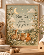 Nos Da Rwyn dy garu Welsh goodnight quote with deer, rabbit, bear and fox beneath a crescent moon and stars; print only, frame not included