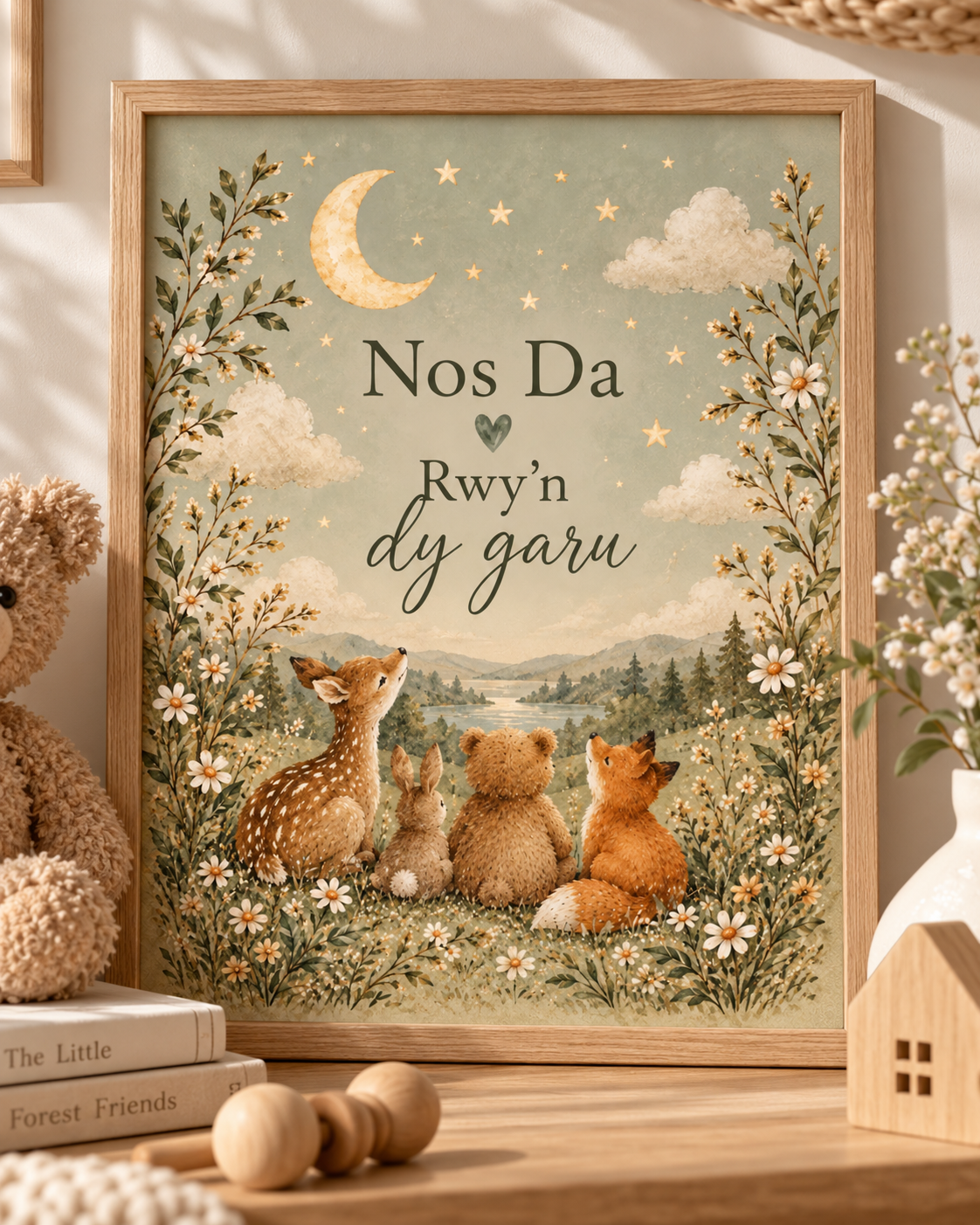 Nos Da Rwyn dy garu Welsh goodnight quote with deer, rabbit, bear and fox beneath a crescent moon and stars; print only, frame not included
