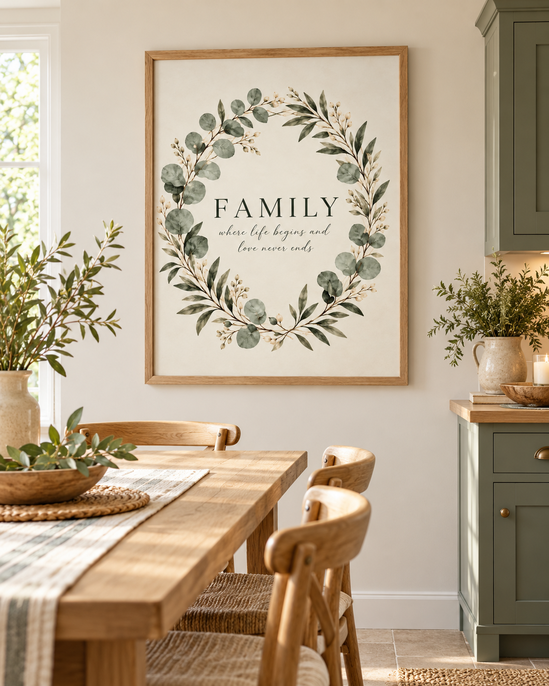 Family where life begins and love never ends quote surrounded by a sage green eucalyptus and white flower wreath styled in a kitchen dining area