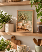 English tea and biscuits still life with floral teapot, matching teacup, cream flowers and sage-green background styled in a kitchen shelf display
