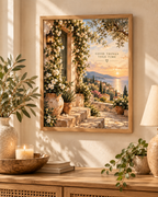 Mediterranean coast with sunset, flowers and Good Things Take Time quote styled in a console