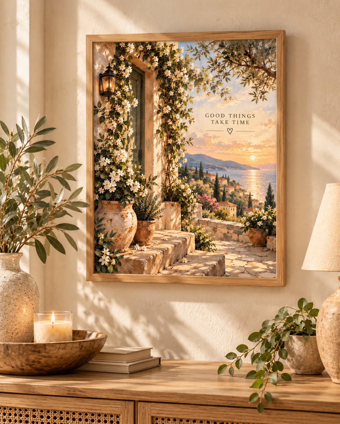 Mediterranean coast with sunset, flowers and Good Things Take Time quote styled in a console