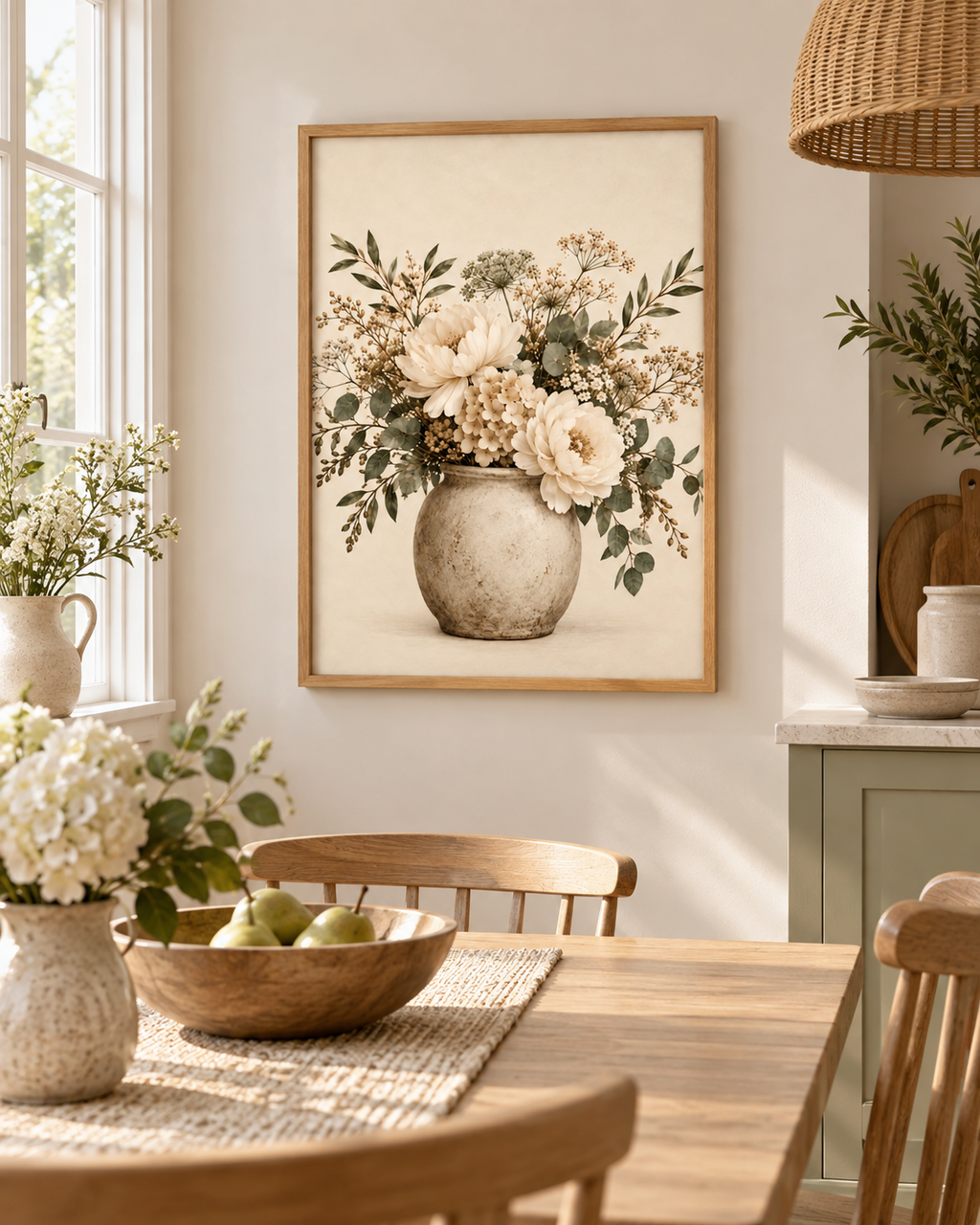 Cream floral bouquet artwork beside a sunny dining table