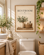 Restroom a little room of peace quote with botanical vase, ivory white flowers, rustic shelf, woven basket, towel and soap dispenser styled in a guest bathroom