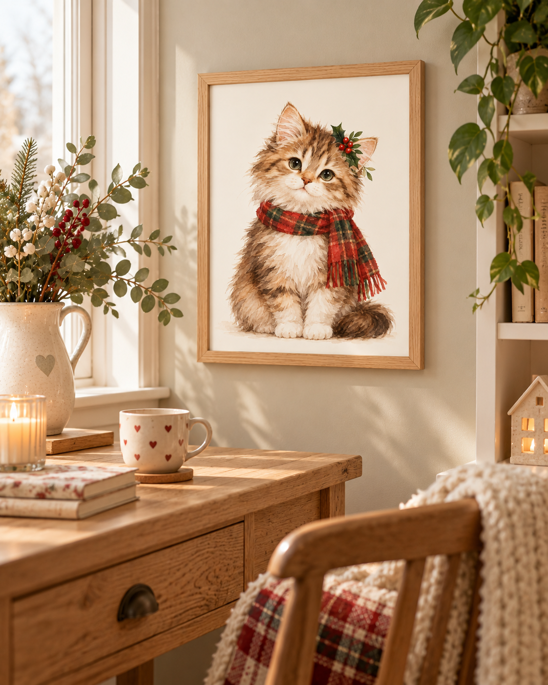 Fluffy Christmas tabby kitten wearing a tartan scarf and holly styled in a dining room