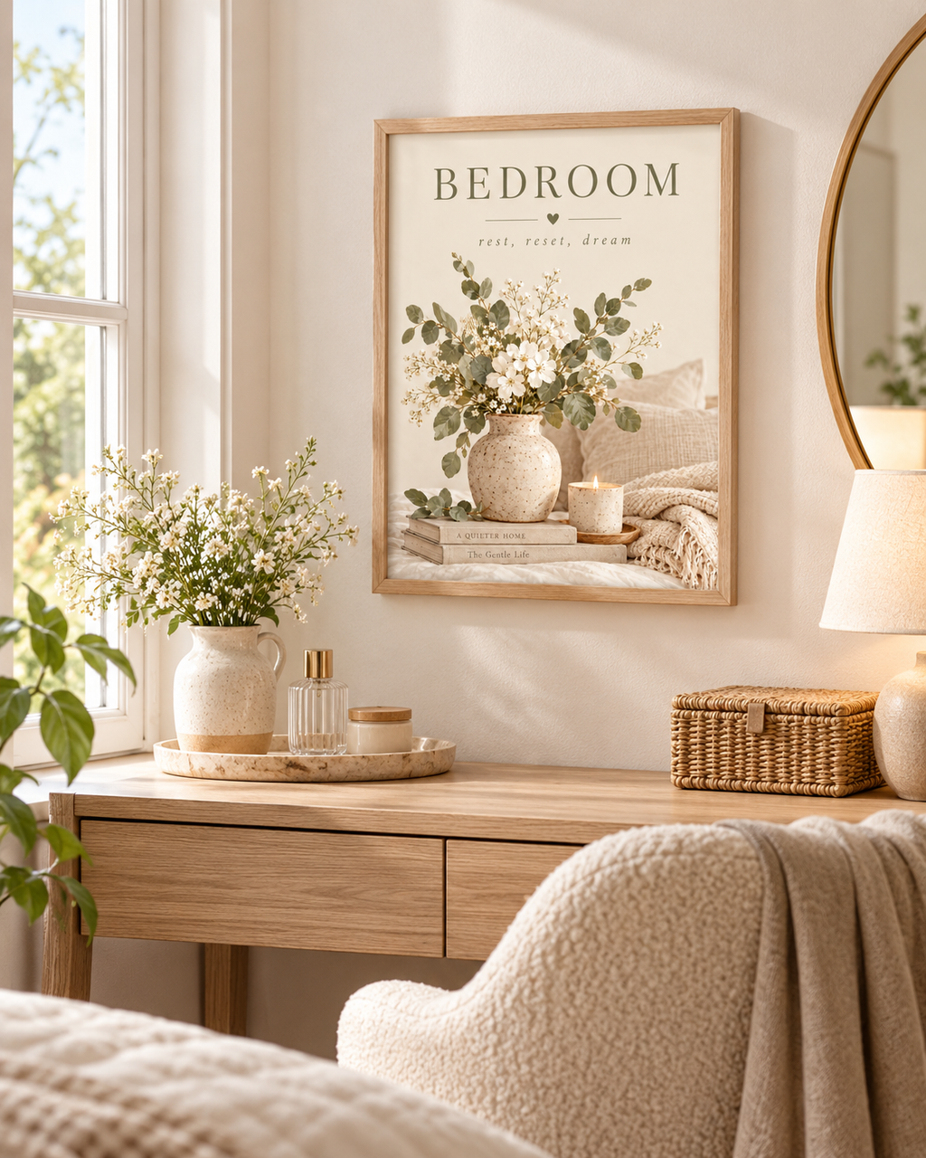 Bedroom rest reset dream quote with white flowers, sage foliage, ceramic vase, candle, books and soft neutral bedding styled in a dressing area