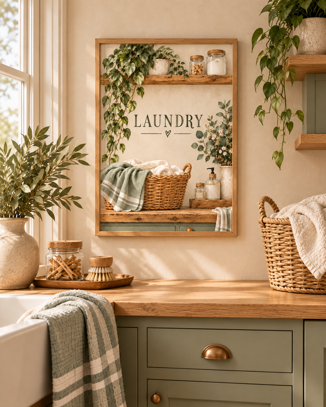 Botanical laundry artwork with LAUNDRY lettering, woven linen basket, trailing greenery, cream flowers and rustic wooden shelves styled in a utility room with sage cabinets