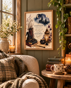 Magical snowy owl, moonlit castle, books, wizard hat and glowing lantern with an inspirational light and happiness quote styled in a reading corner