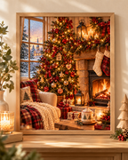 Cosy Christmas living room with a decorated tree, glowing fireplace, stockings and snowy cottage view; print only, frame not included