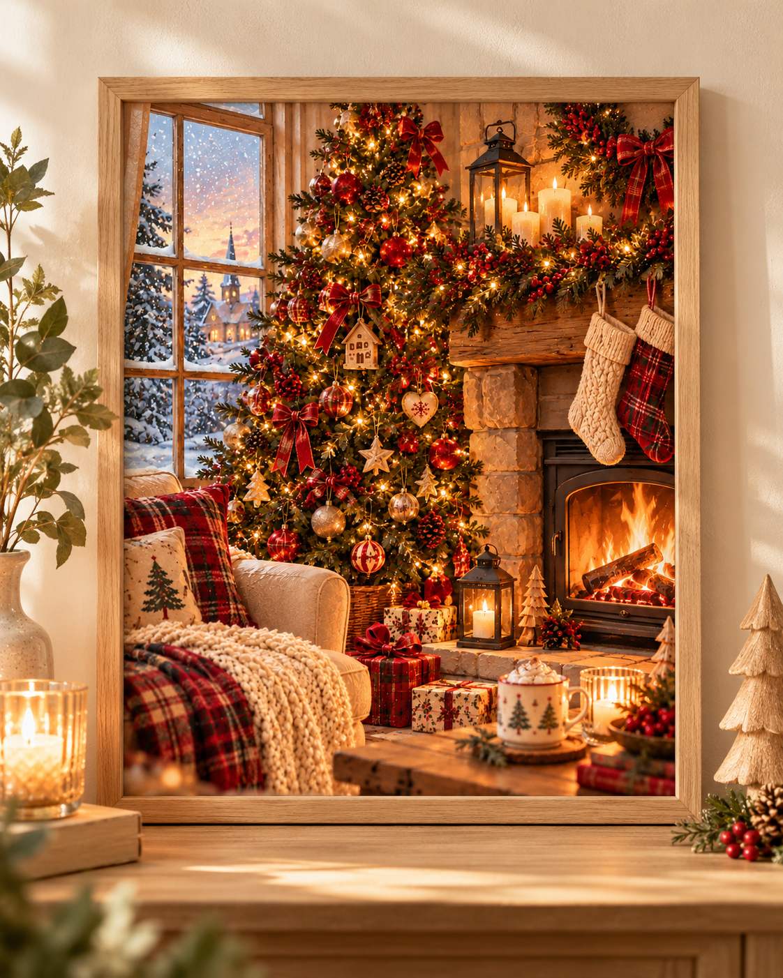 Cosy Christmas living room with a decorated tree, glowing fireplace, stockings and snowy cottage view; print only, frame not included
