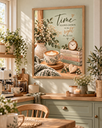 Time Slows Down in the Right Places artwork with flowers, coffee cup, books, vintage clock and wooden heart styled in a kitchen