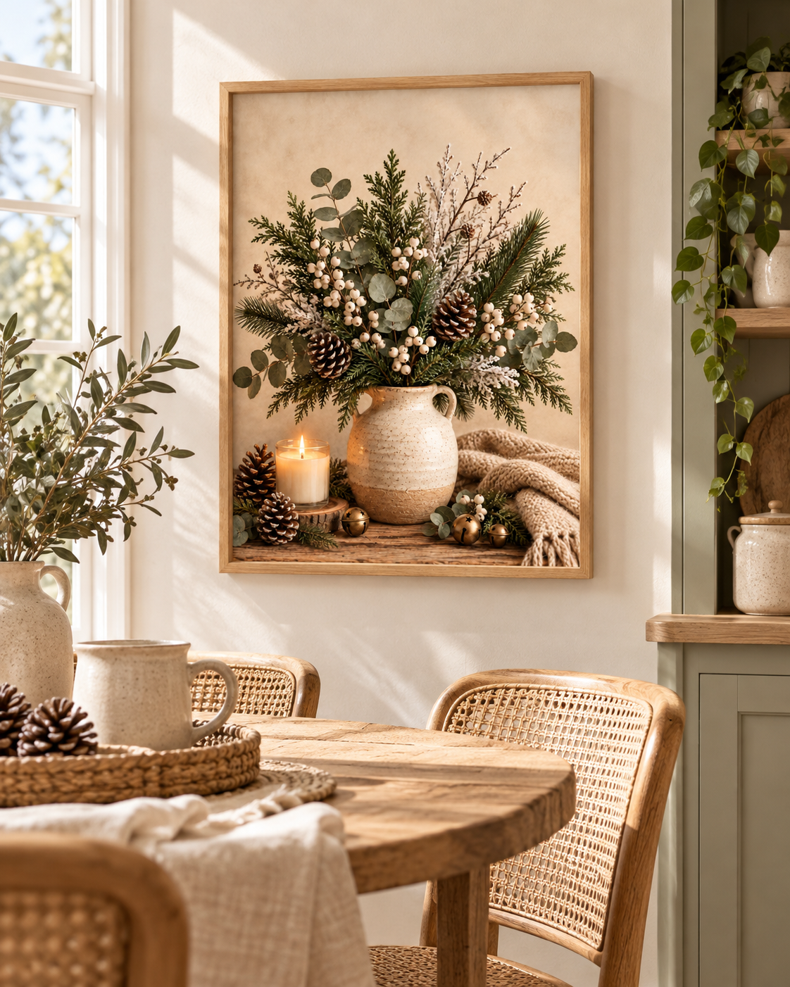Winter botanical still life with evergreen foliage, eucalyptus, white berries and pine cones in a rustic jug, candle, brass bells and knitted blanket styled in a dining area