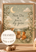 Nos Da Rwyn dy garu Welsh goodnight quote with deer, rabbit, bear and fox beneath a crescent moon and stars; framed and ready to hang badge