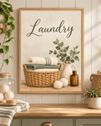Laundry artwork with olive-green script, woven basket of folded towels, leafy ceramic jug, wool dryer balls and amber bottle; print only, frame not included