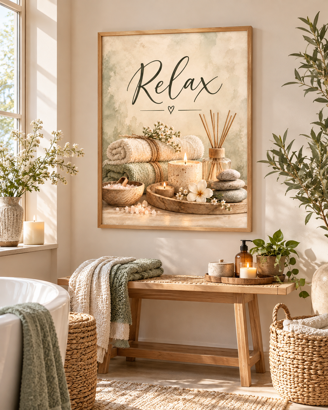 Relax spa artwork with candles, rolled towels, reed diffuser and smooth stones above a bathroom cabinet