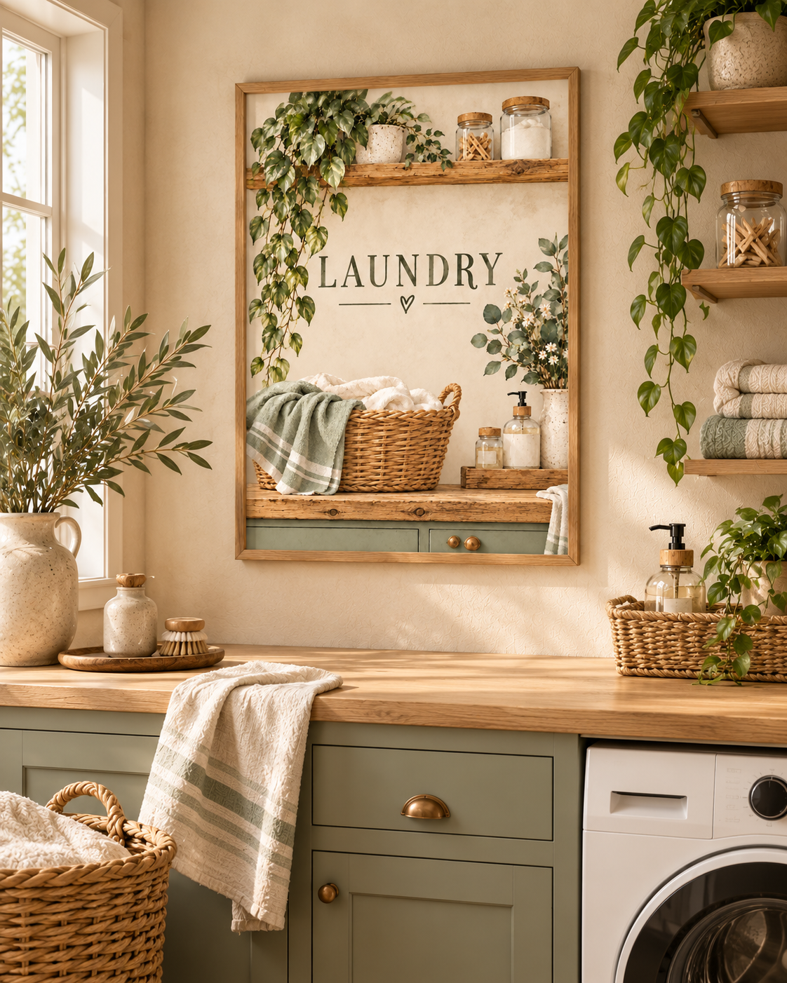 Botanical laundry artwork with LAUNDRY lettering, woven linen basket, trailing greenery, cream flowers and rustic wooden shelves styled in a utility room with sage cabinets