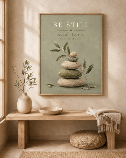 Be Still and Know You Are Enough quote with sage-green balancing stones and delicate olive branches styled in a desk display