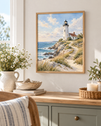 Painterly coastal landscape with white lighthouse and cottage, blue ocean waves, rocky shore, sandy path, wooden fence and coastal grasses styled in a kitchen