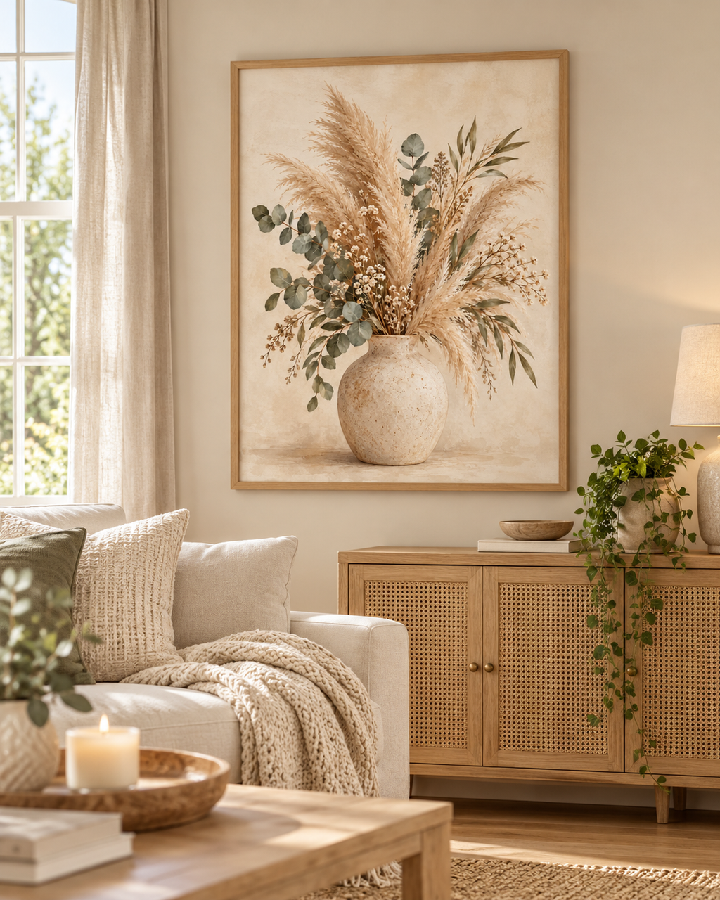 Neutral pampas grass, eucalyptus and tiny white flowers arranged in a rustic ceramic vase styled in a living room
