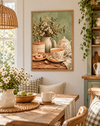 English tea and biscuits still life with floral teapot, matching teacup, cream flowers and sage-green background styled in a breakfast nook
