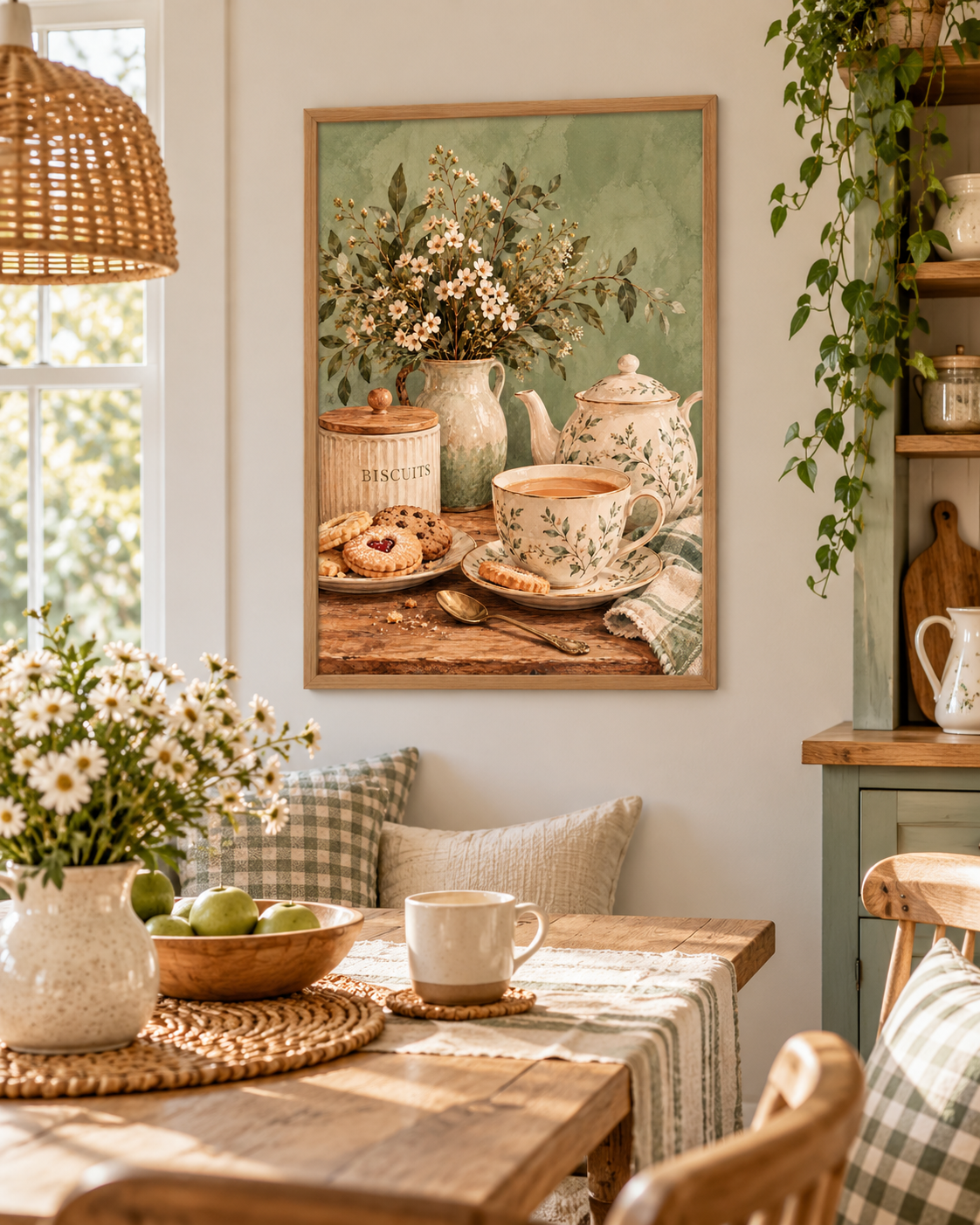English tea and biscuits still life with floral teapot, matching teacup, cream flowers and sage-green background styled in a breakfast nook