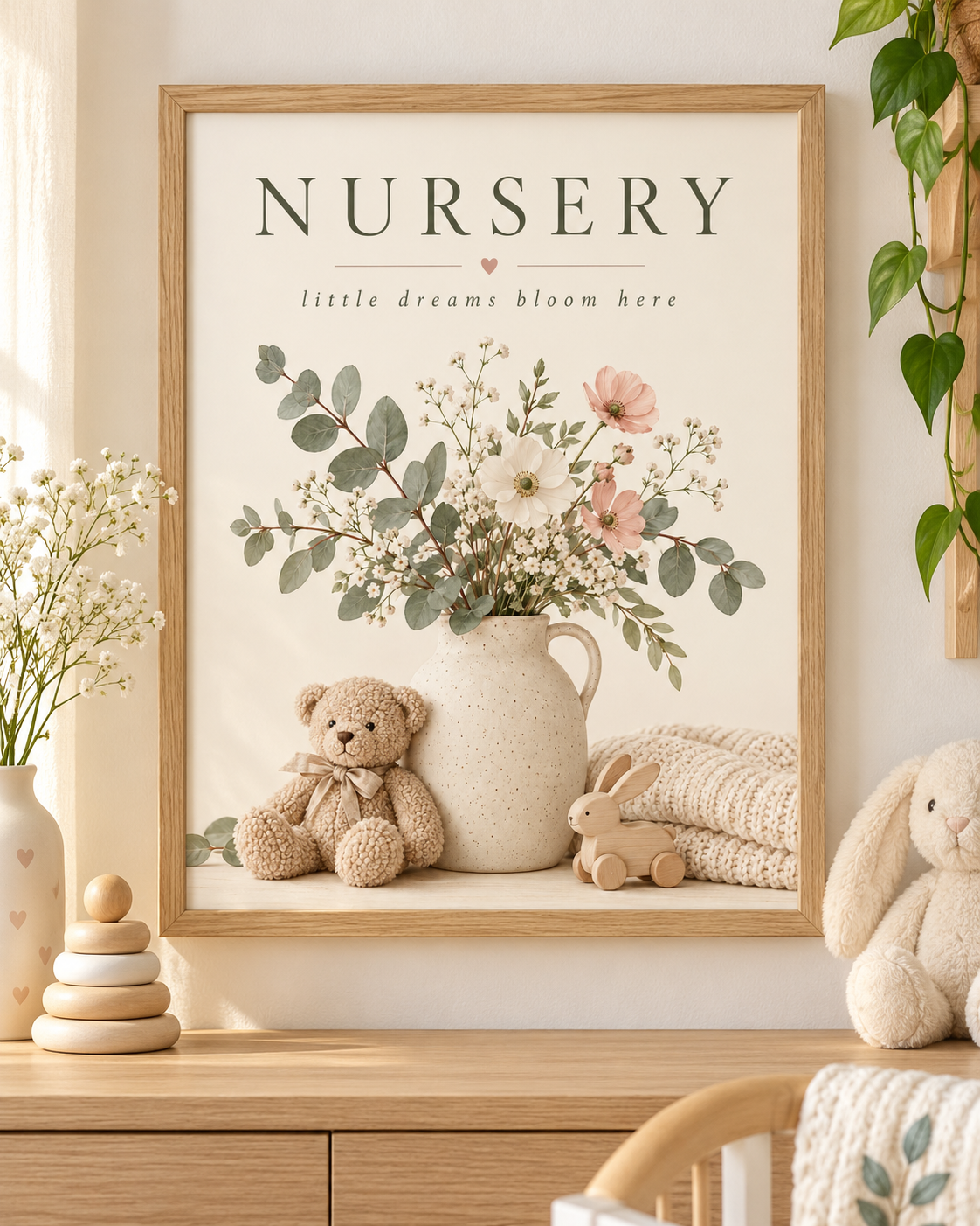 NURSERY little dreams bloom here artwork with cream and blush flowers, sage foliage, ceramic jug, teddy bear, wooden bunny and knitted blanket; print only, frame not included