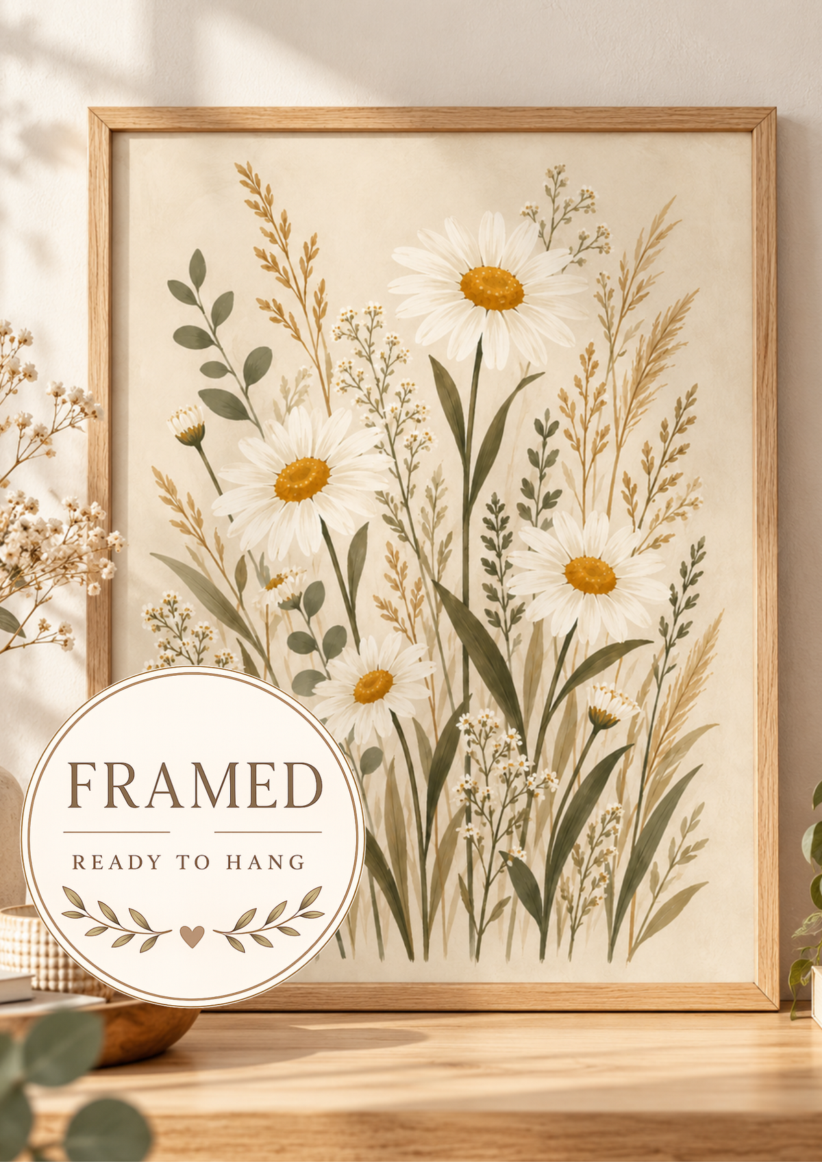 Cream daisy wildflowers with sage green foliage; framed and ready to hang badge