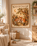 Nos da Caru ti Welsh goodnight woodland scene with sleeping fox and deer, owl, crescent moon, lantern and leafy tree styled in a bedroom