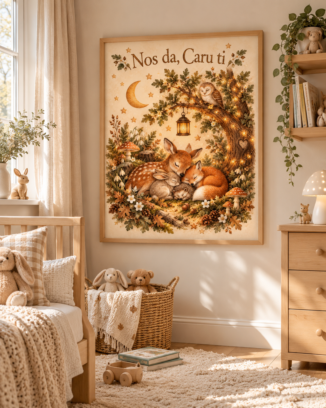 Nos da Caru ti Welsh goodnight woodland scene with sleeping fox and deer, owl, crescent moon, lantern and leafy tree styled in a bedroom